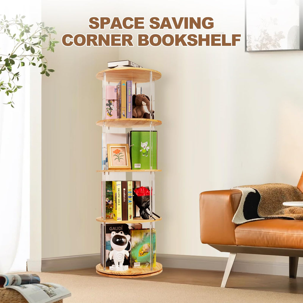360° Rotating Bookshelf, 4-Tier Spinning Book Shelf Tower with Solid Wood & Clear Acrylic, Round Revolving Bookcase