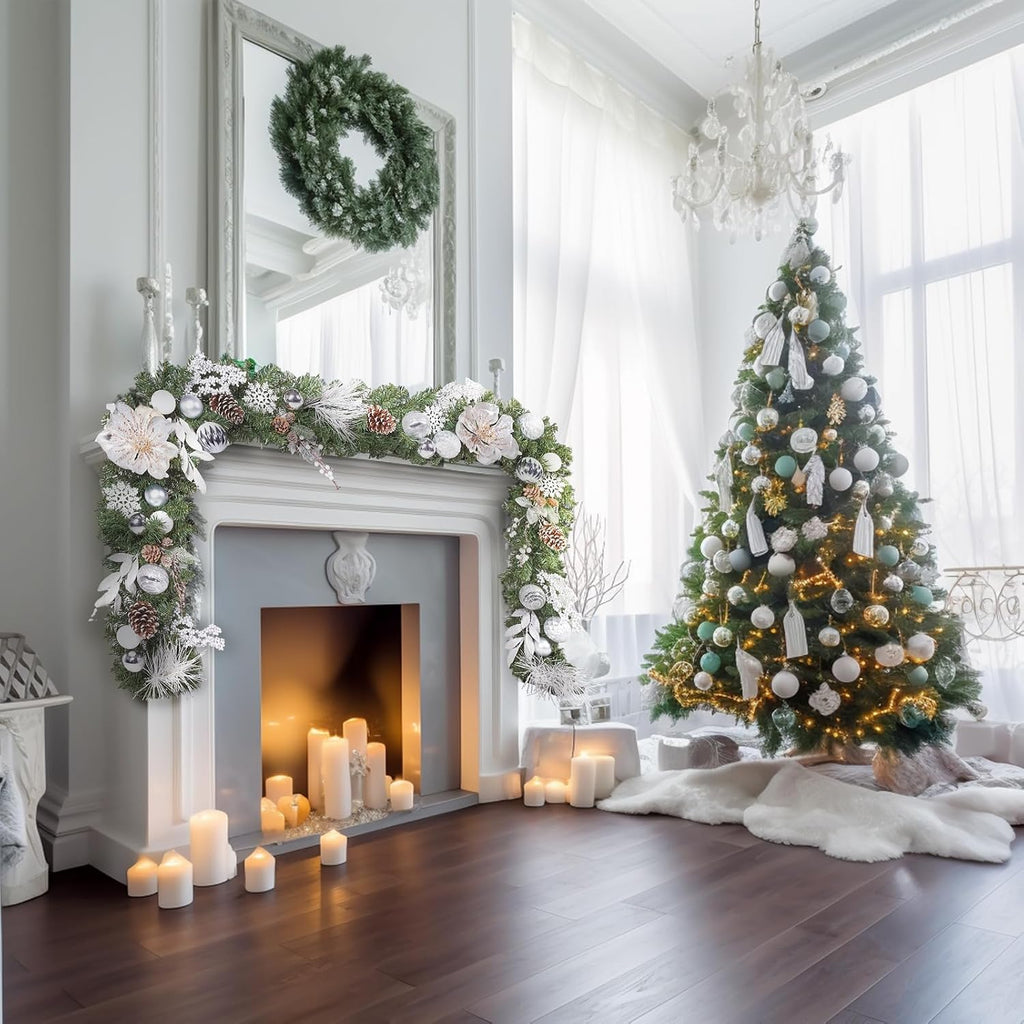 Pre-lit 9 Feet/108 Inch Christmas Garland, White & Silver Lighted Garland with 50 LED Lights for Indoor Outdoor Xmas