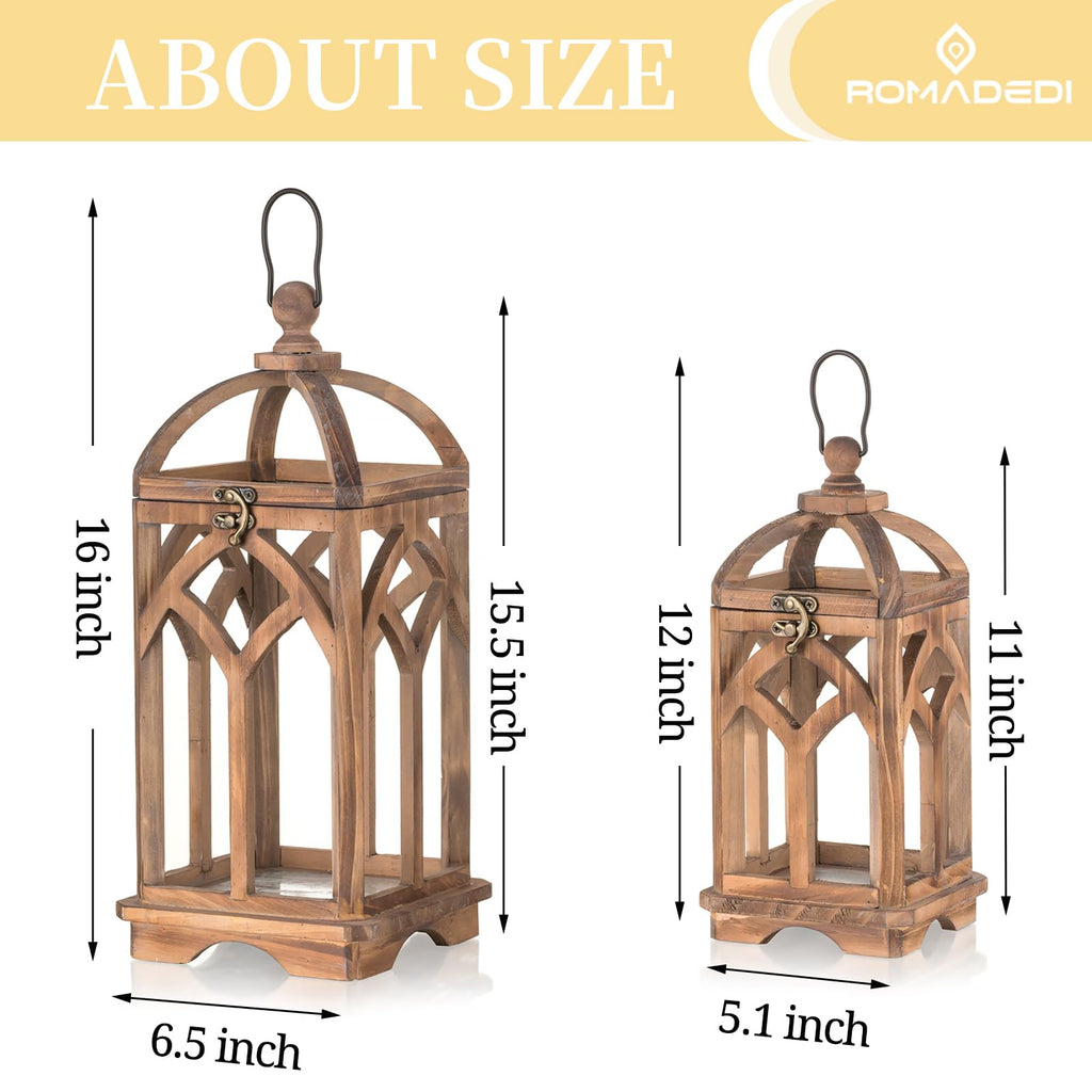 Farmhouse Wood Candle Lantern Decorative 12"/16", Set of 2, Brown