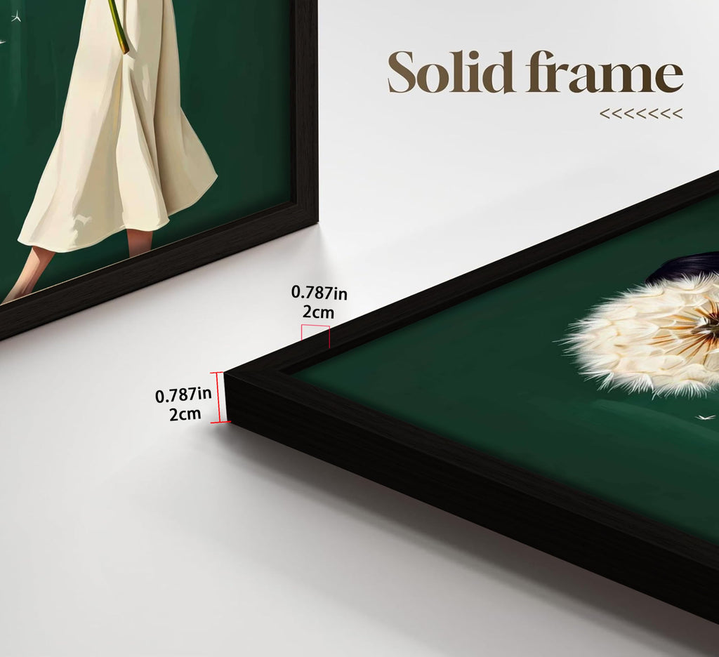 Framed Emerald Green Wall Art Woman With Dandelion Art Prints Modern Women's Minimalist Pictures Soft Botanical