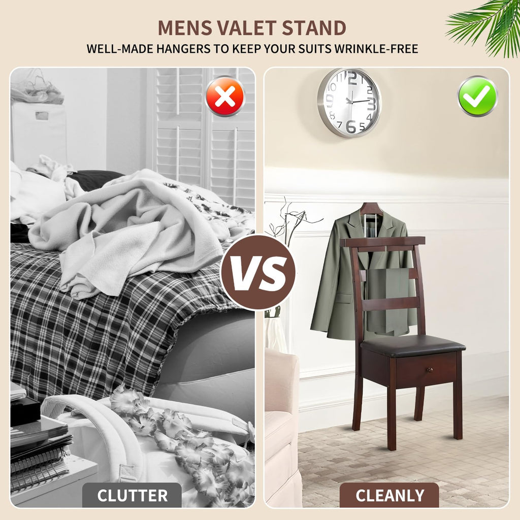 Chair Valet With Drawer and Tray for Men Women's Clothes, Watches Keys Wooden Suit Rack Valet Stand, With Contour