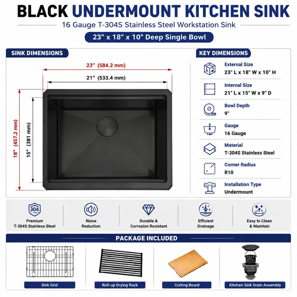 23 Inch Black Undermount, 16 Gauge Workstation Sink