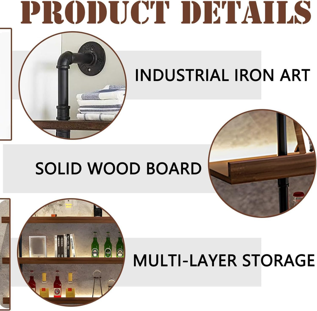 47.2in Wall Mounted Wine Rack with LED Light Solid Wood | 3-Tiers Liquor Bottles Floating Shelves Display Storage