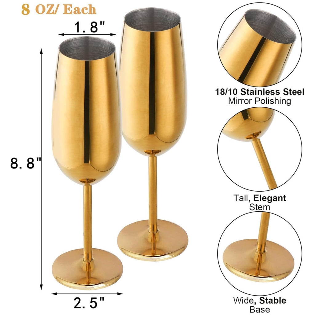 2-Pack Unbreakable Stemmed Champagne Glasses, 18/10 Stainless Steel Champagne Flutes, 8 OZ Gold Champagne Flute with