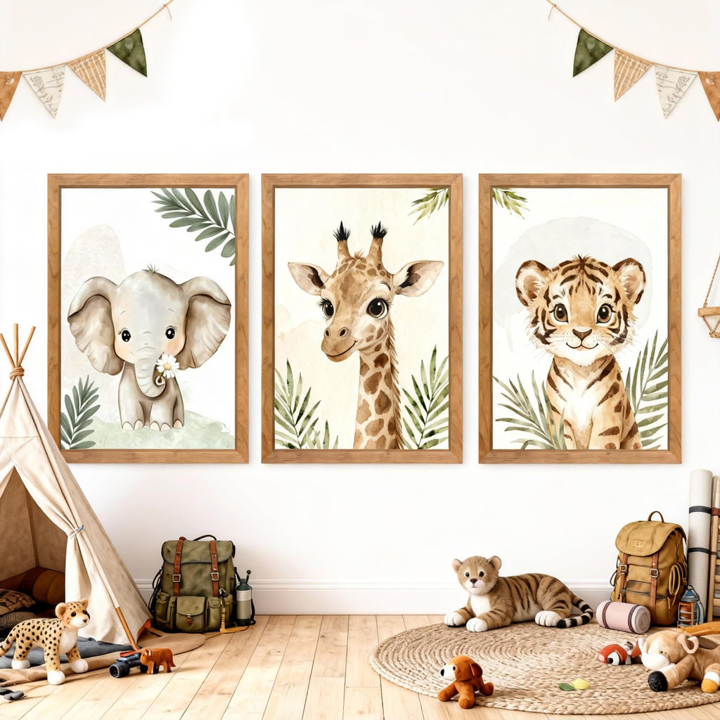 3 Set Safari Nursery Wall Decor, 11x16 Inch Framed Cute Giraffe Elephant Tiger Print Sign, Jungle Theme Cartoon