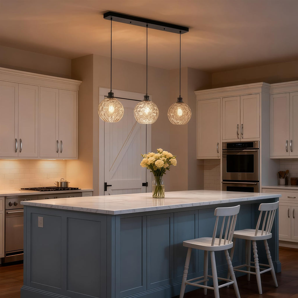 3 Light 31.5" Black Linear Pendant Lights with Clear Hammered Glass Shade