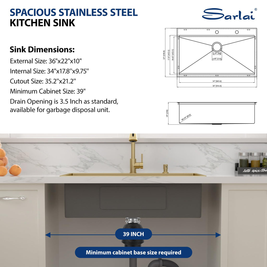 Gold Drop Sink Workstation Topmount 36x22 Inch Sinks