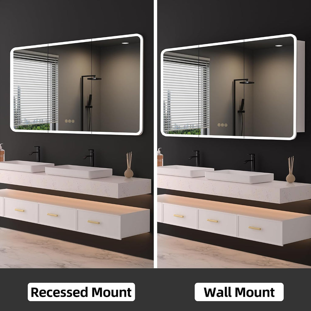 60 x 32 Inch Medicine Cabinet with Mirror and LED Light | Recessed, Wall-Mounted, Dimmable, Anti-Fog, Memory