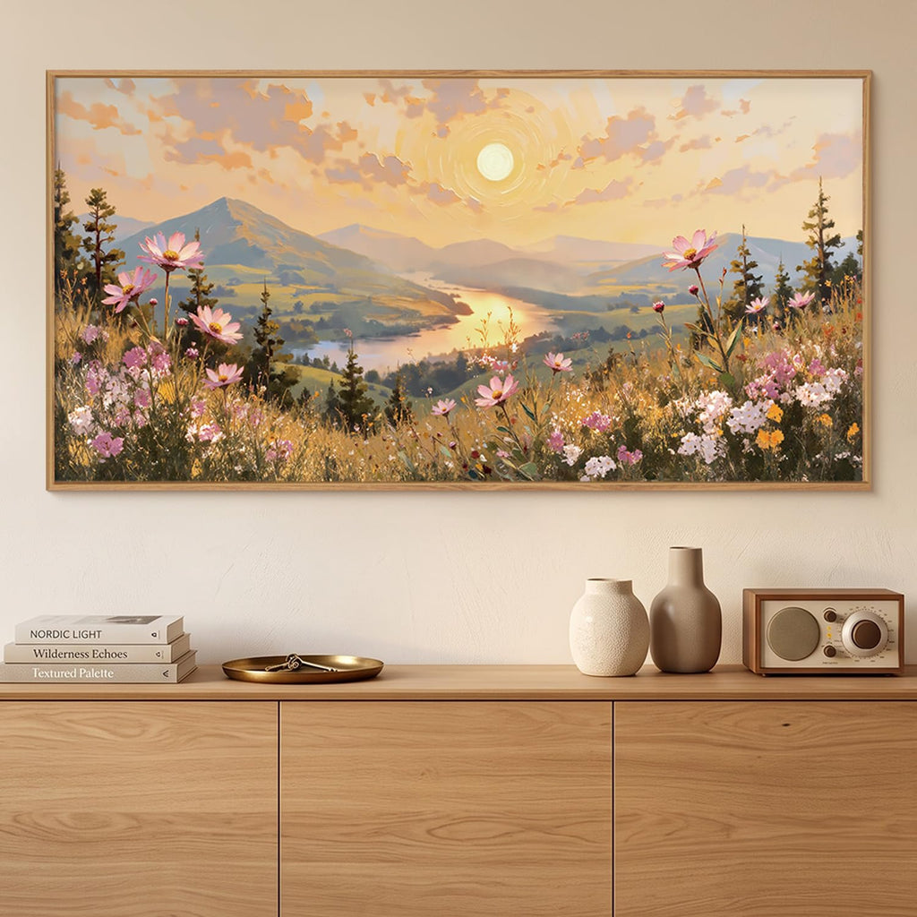 Large Boho Sunset Wildflower Framed Canvas Wall Art, Nature Pink Flower Wall Decor, Blossom Botanical Mountain