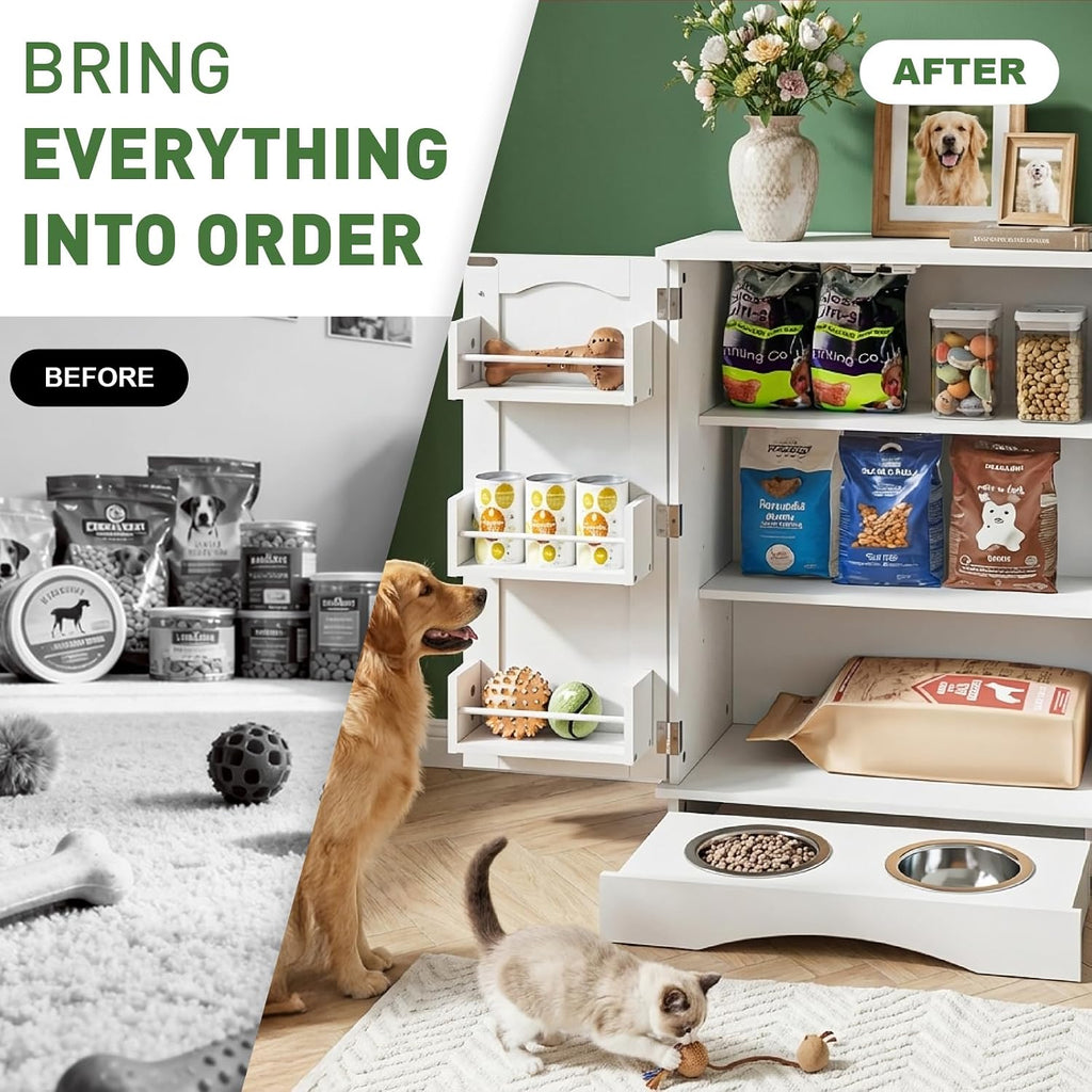 23.5"(w) Dog Feeding Station with Storage, Dual Door Hung Storage, Hidden Feeding Bowls, (Off White)
