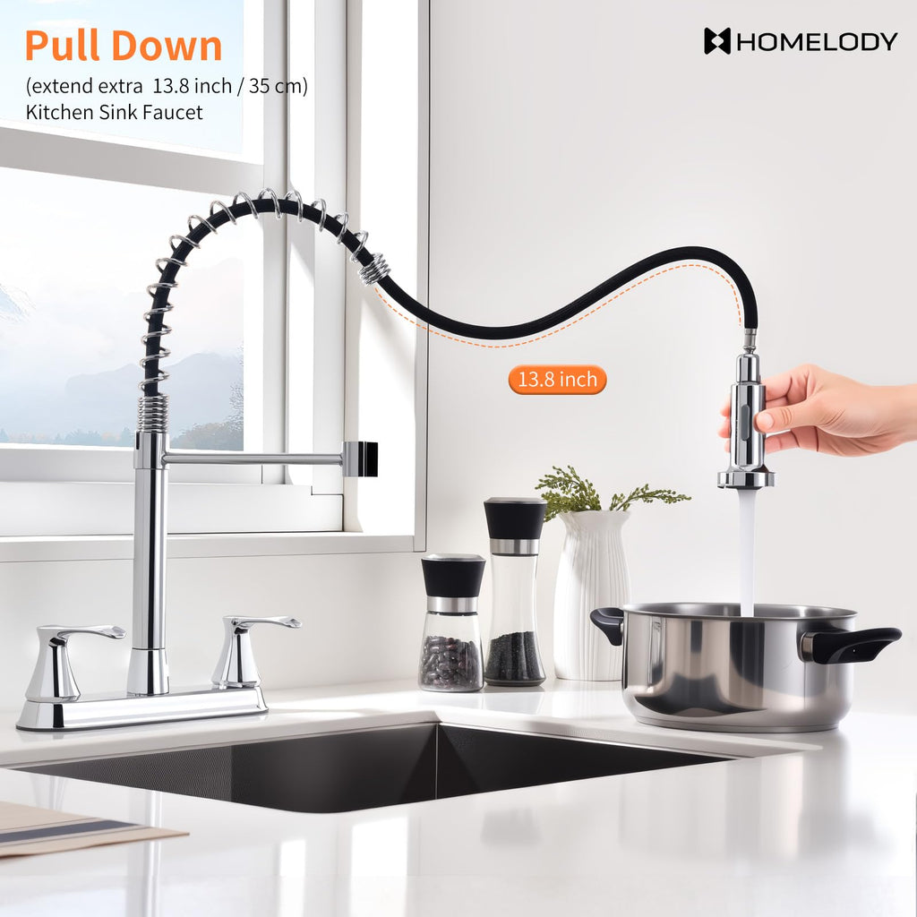 2 Handles Kitchen Faucet with Pull Down Sprayer for 3 Hole Sink, 360° Rotating Spout Commercial 2 Handle Stainless