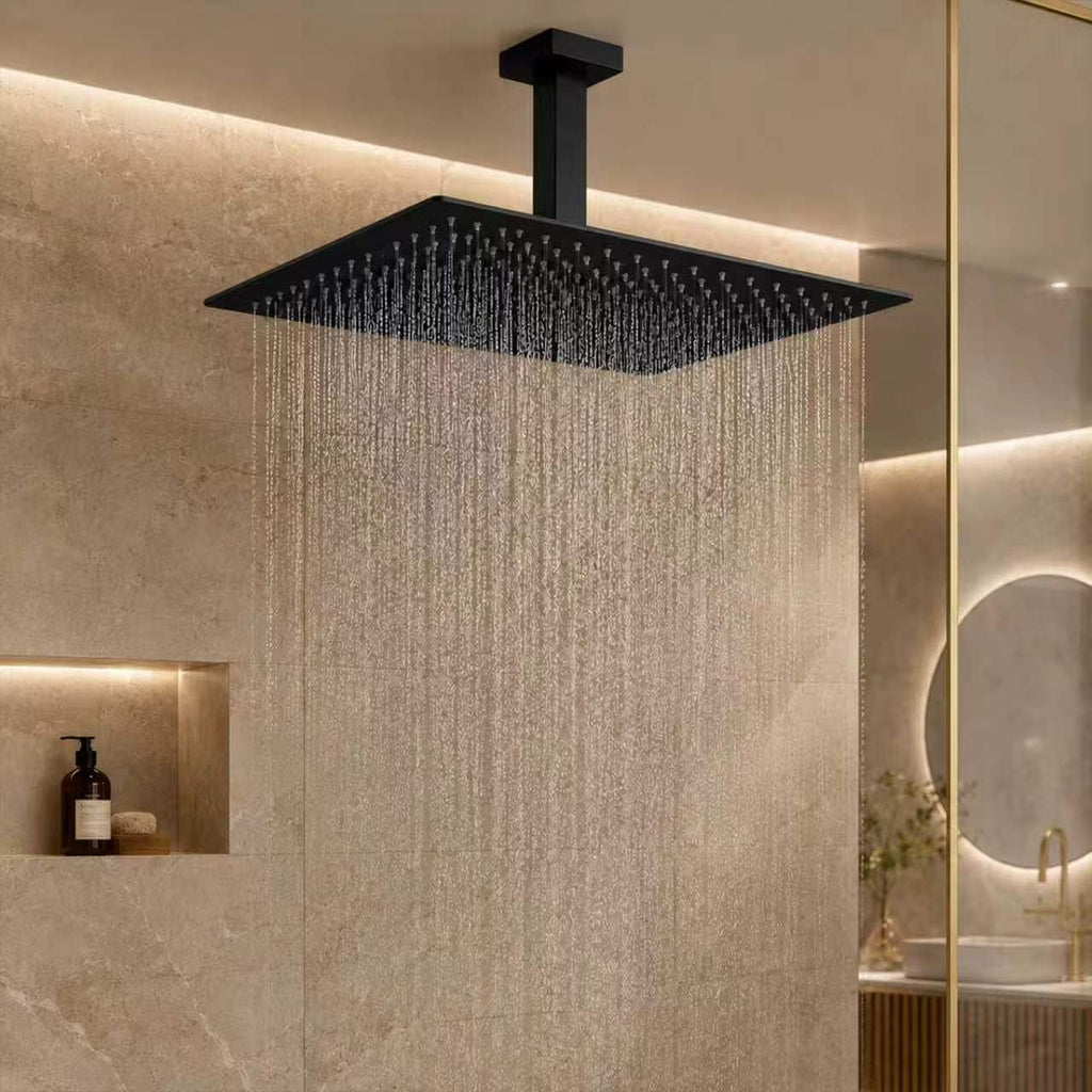 Black Rainfall Shower Head 16 Inch Square Ceiling Mounted Showerhead, Ultra Thin Stainless Steel Overhead Shower