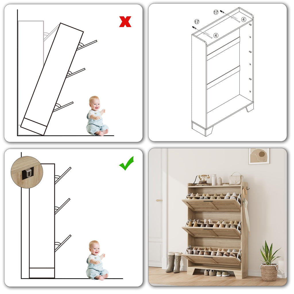 Shoe Cabinet Storage, Slim Shoe Storage Cabinet with 3 Flip Drawers, Freestanding Hidden Narrow Shoe Organizer