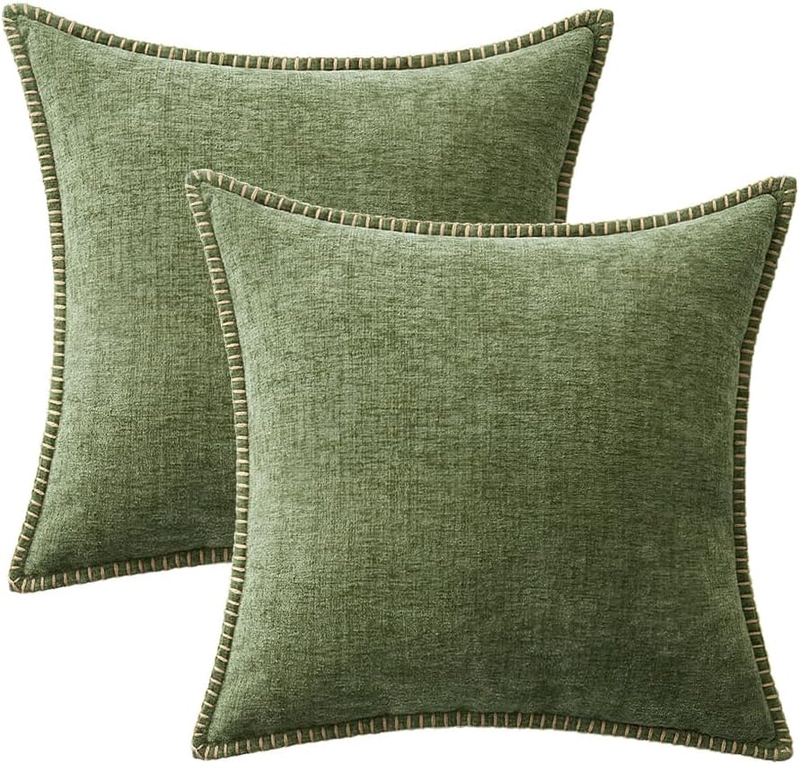 Pack of 2 Couch Throw Pillow Covers 18x18 Inch Sage Green Farmhouse Decorative Pillow Covers with Stitched Edge Soft