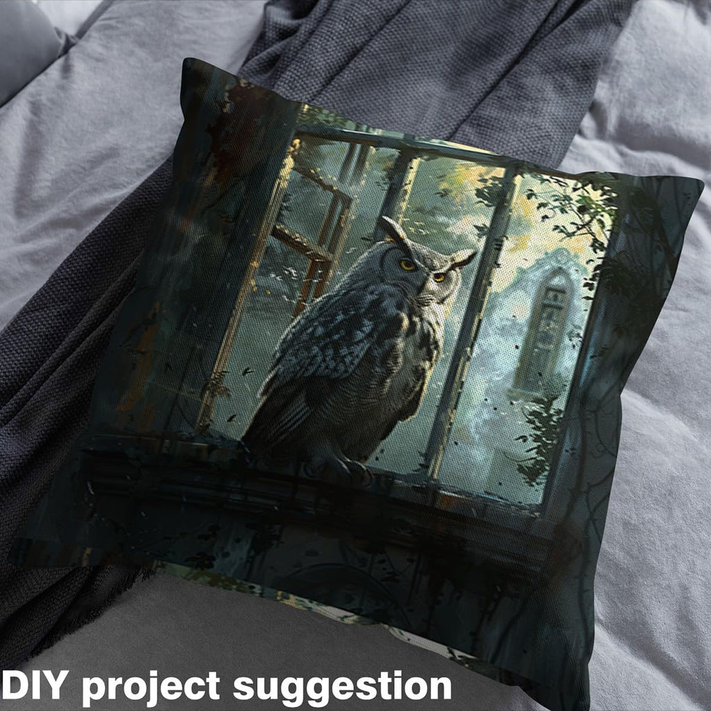Owl Fabric By The Yard, Window Upholstery Fabric, Rustic Gothic Darkness Halloween Horror Death Mystery Castle Theme