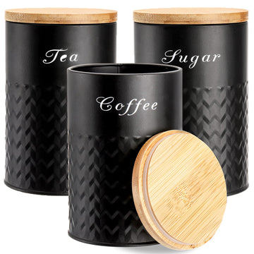 3 Pack Kitchen Canisters with Bamboo Lids, Airtight Metal Canister Set, Food Storage Containers Jars for Coffee
