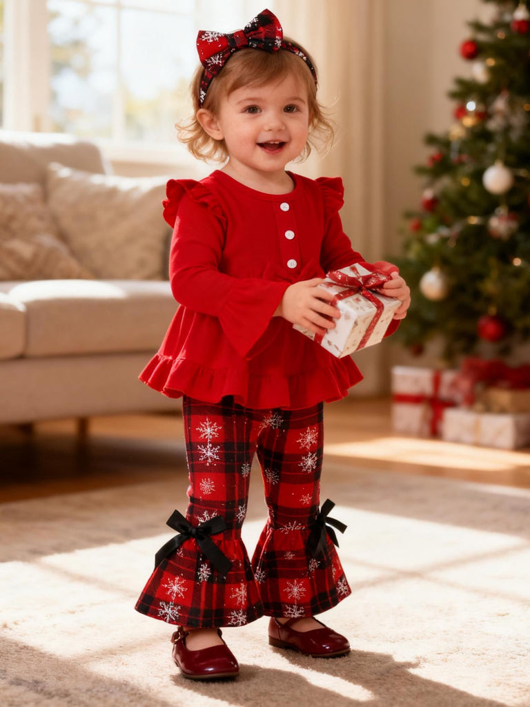 Toddler Baby Girl Christmas Outfit Ruffle Shirt Top Plaid Bell Bottom Pants Set Fall Winter Clothes, Red
