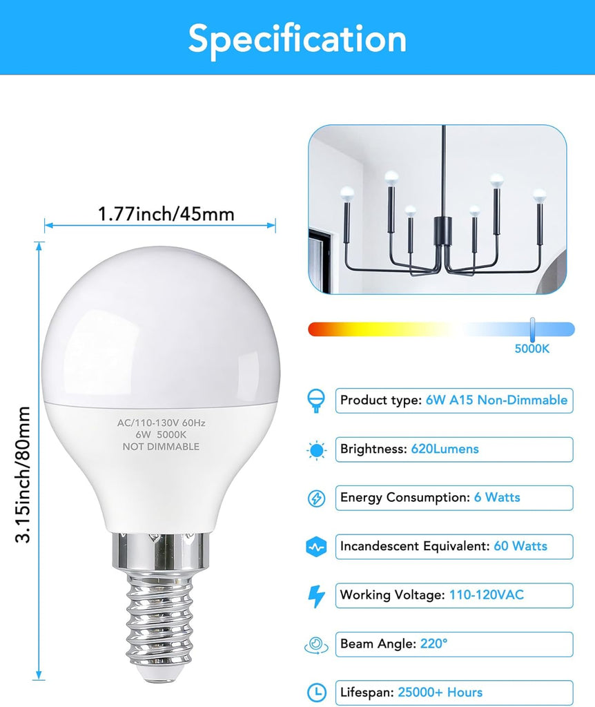 E12 LED Bulbs 60W Equivalent, E12 Small Base Candelabra Ceiling Fan Bulbs 6W 620LM, A15 Globe Bulb 85+ CRI