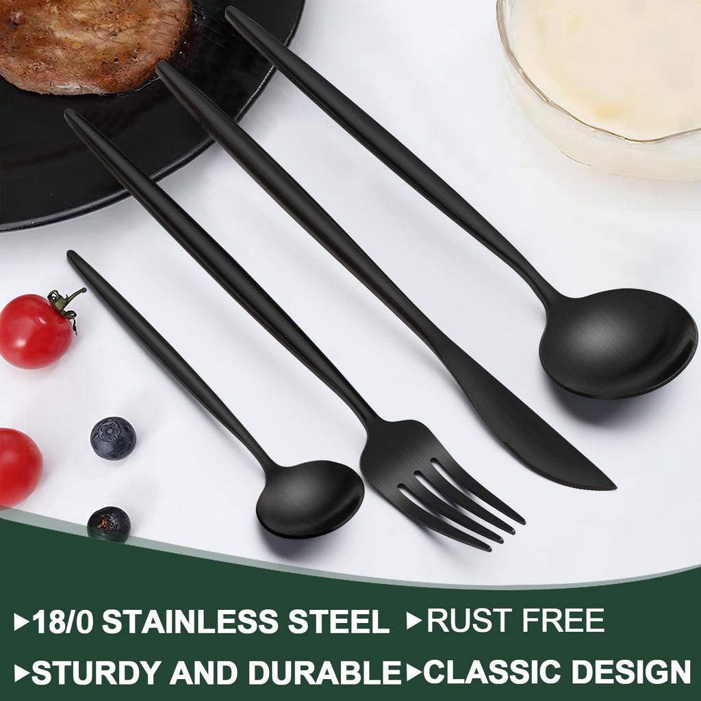 Matte Black Silverware Set 30 Piece, Stainless Steel Flatware Set Service for 6, Cutlery Utensil Sets Restaurant