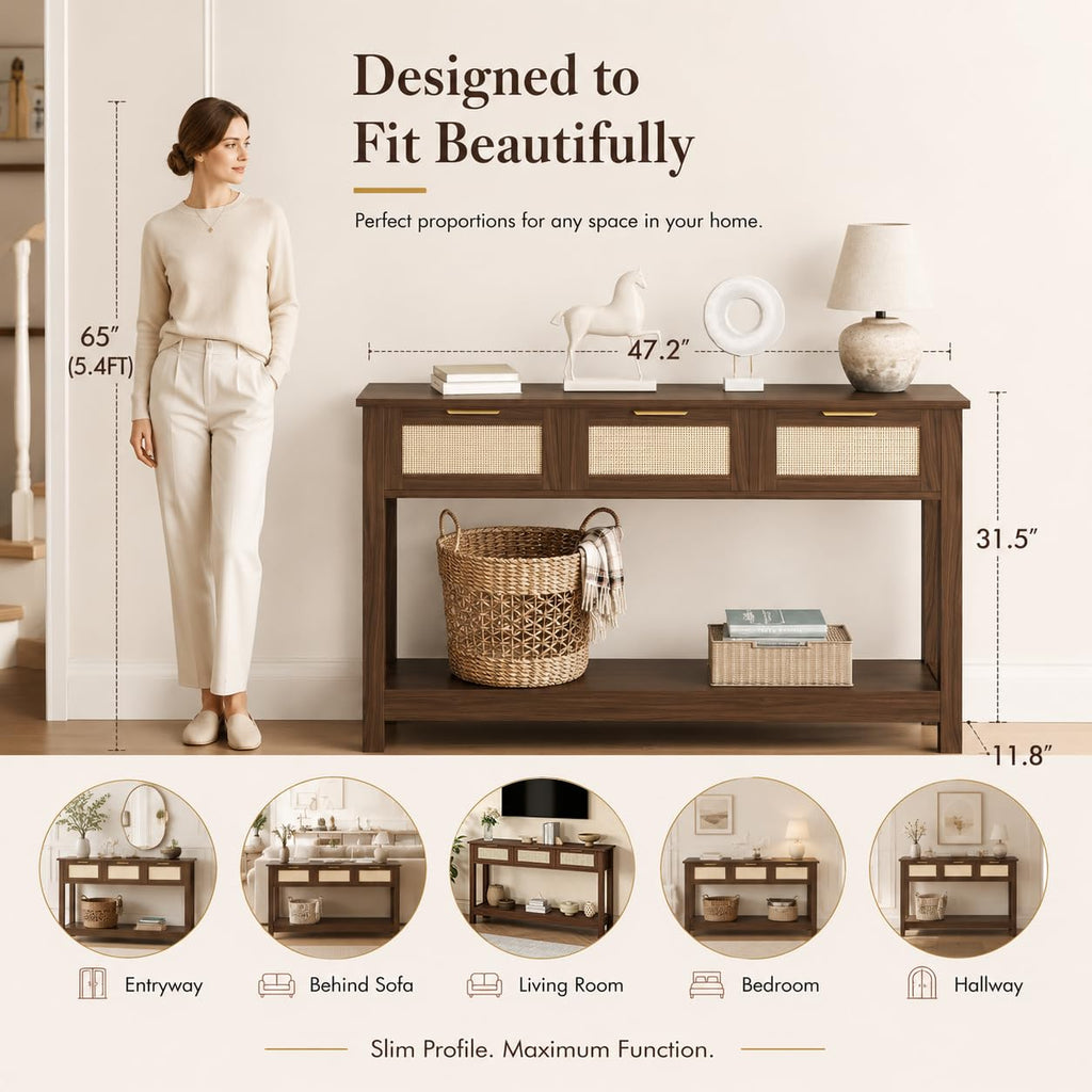 Console Table with 3 Rattan Drawers Storage Open Shelf