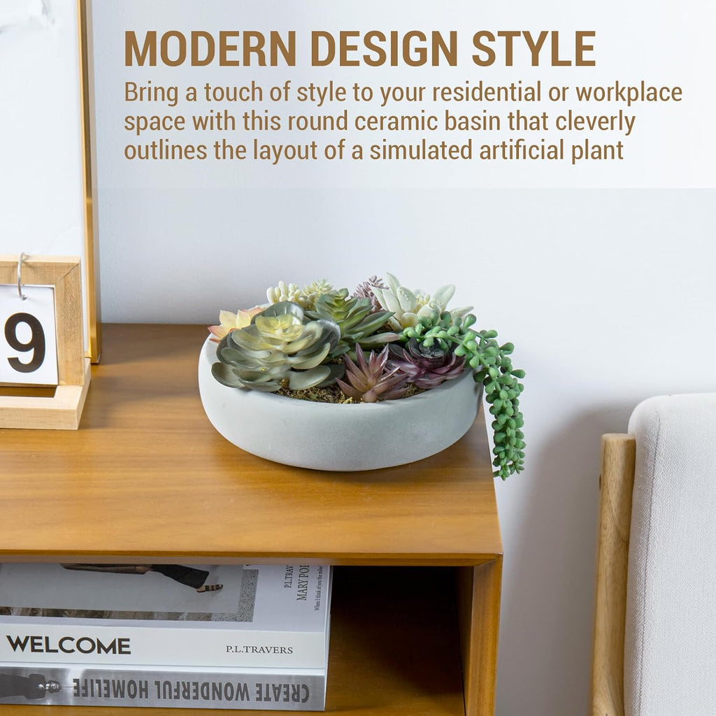 8 Inch Round Artificial Succulent Plants in Gray Concrete Plant Bowl | Indoor Decorative Greenery, Assorted Faux Mini