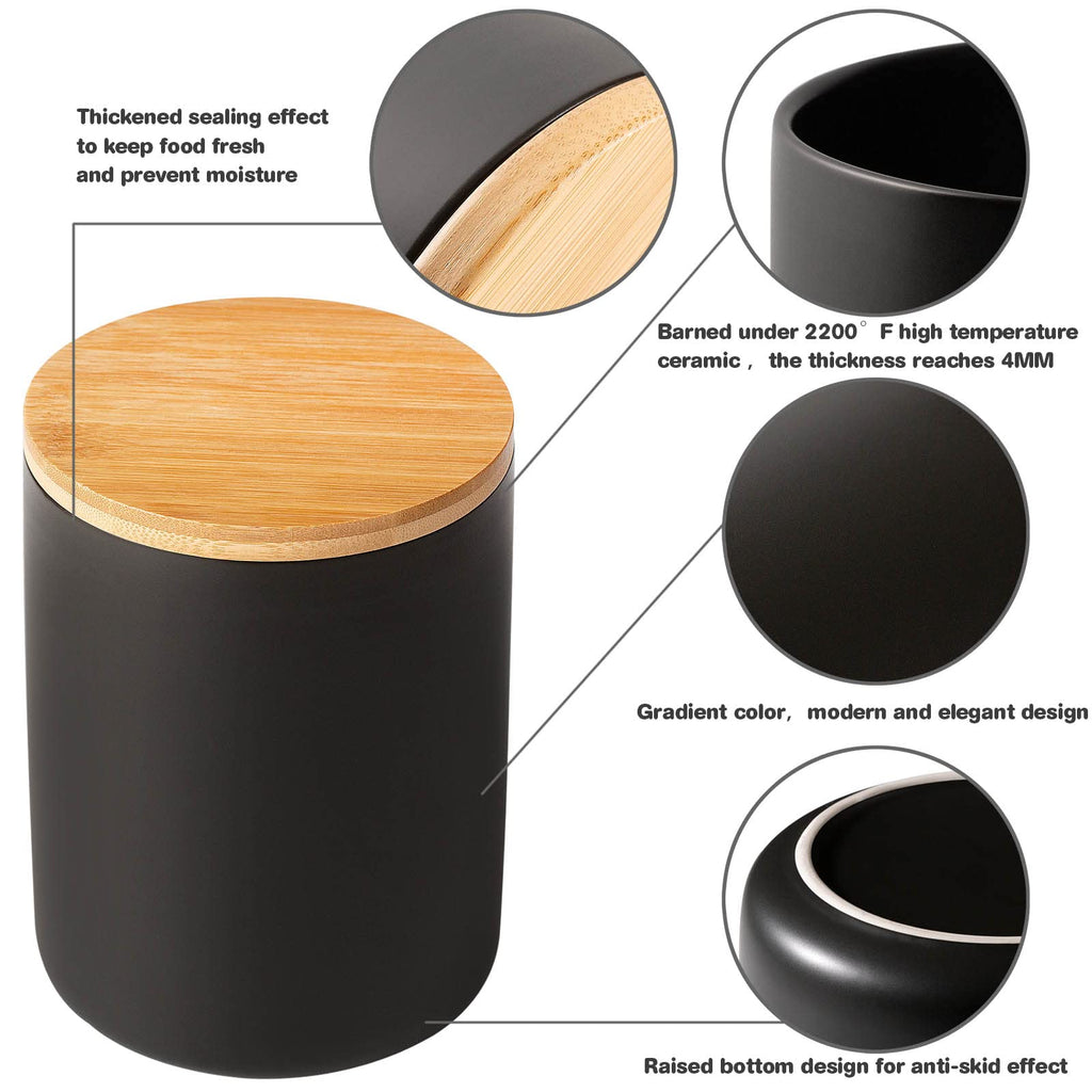 Black Ceramic Canister Set -Set of 3 Kitchen Canisters for Countertop with Airtight Wood Lids, Large Kitchen Storage