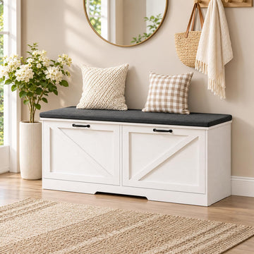 Farmhouse Shoe Storage Bench with Seat Cushion & 2 Flip Drawers