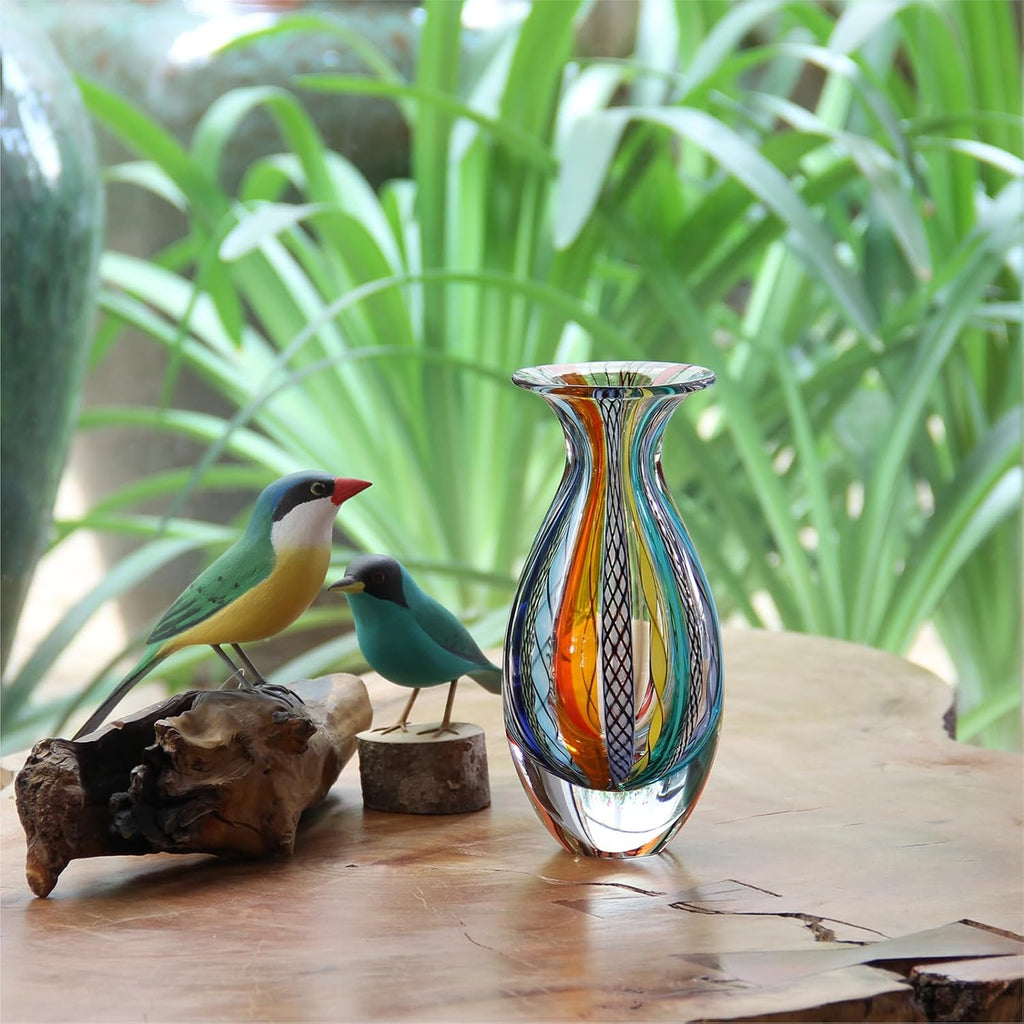 Murano Style Glass Vase Hand Blown Colored Canes Boho Effect Home Decor | Hand Blown Glass Vase, Decorative Table