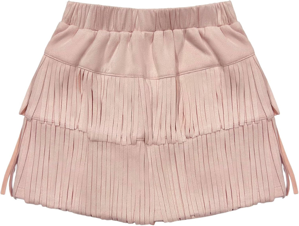 Girls Fringe Skirts Western Cowgirl High Waist Mini Skirt Suede Boho Tassel Skirt for Country Concert