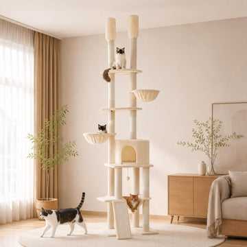 Floor to Ceiling Cat Tree, 85-112" Tall Cat Tower with Dual Posts
