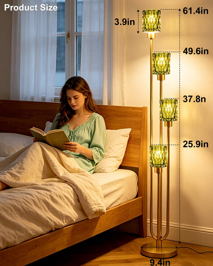 Vintage 4-Light Green Glass Floor Lamp, Dimmable Gold Standing Tall Lamp for Reading, Mid Century Modern Floor Lamp
