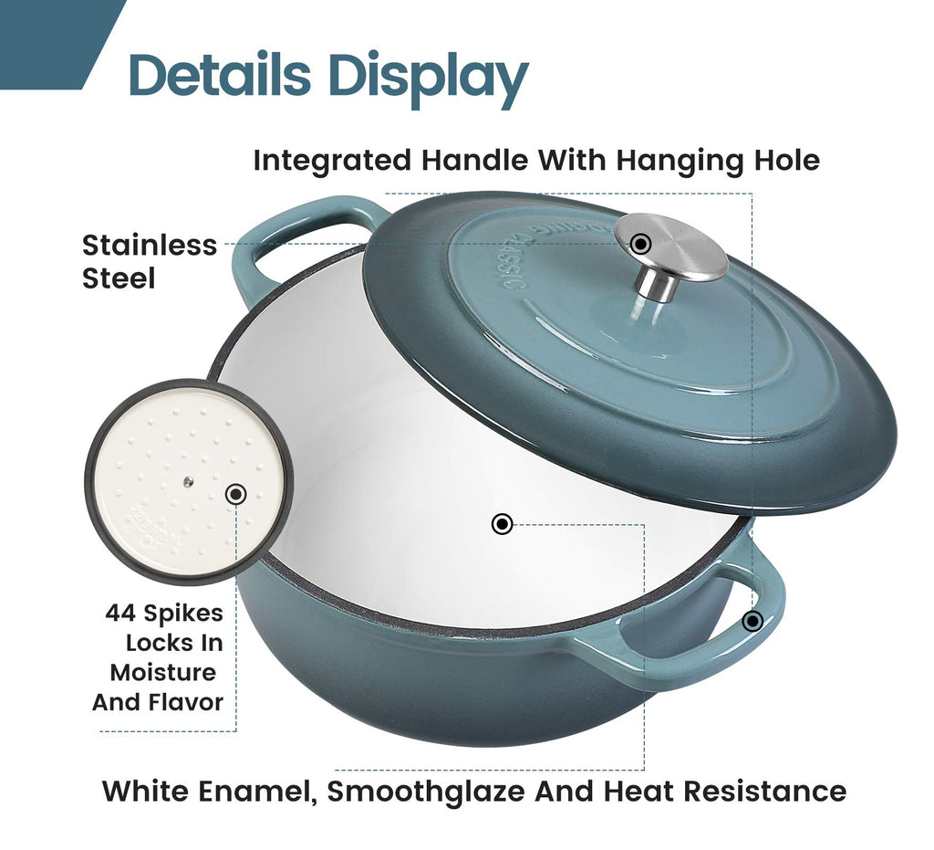 Enameled Cast Iron Round Dutch Oven with Lid Dual Handle Pot Bread Ovens, 7 Quart, Slateblue