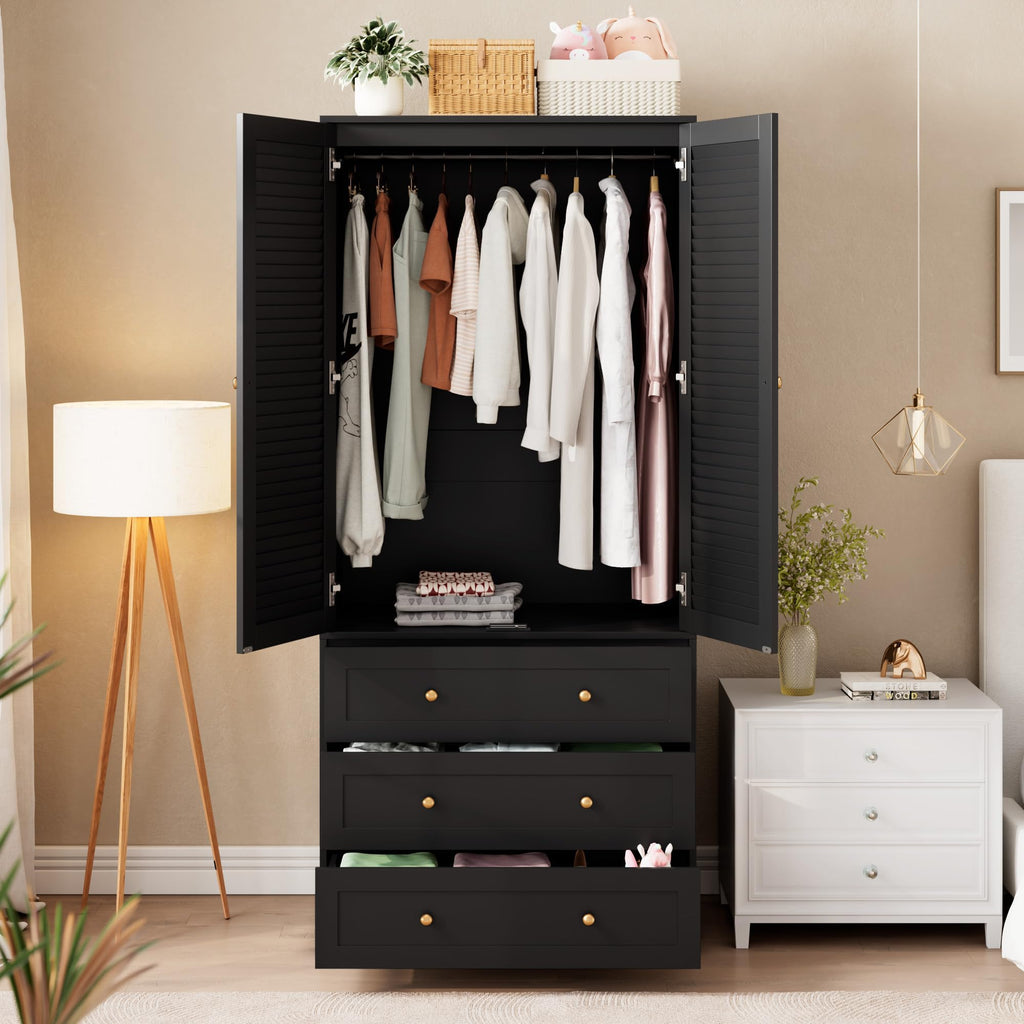 70" Wardrobe Armoire Wooden Closet with 3 Drawers, Black