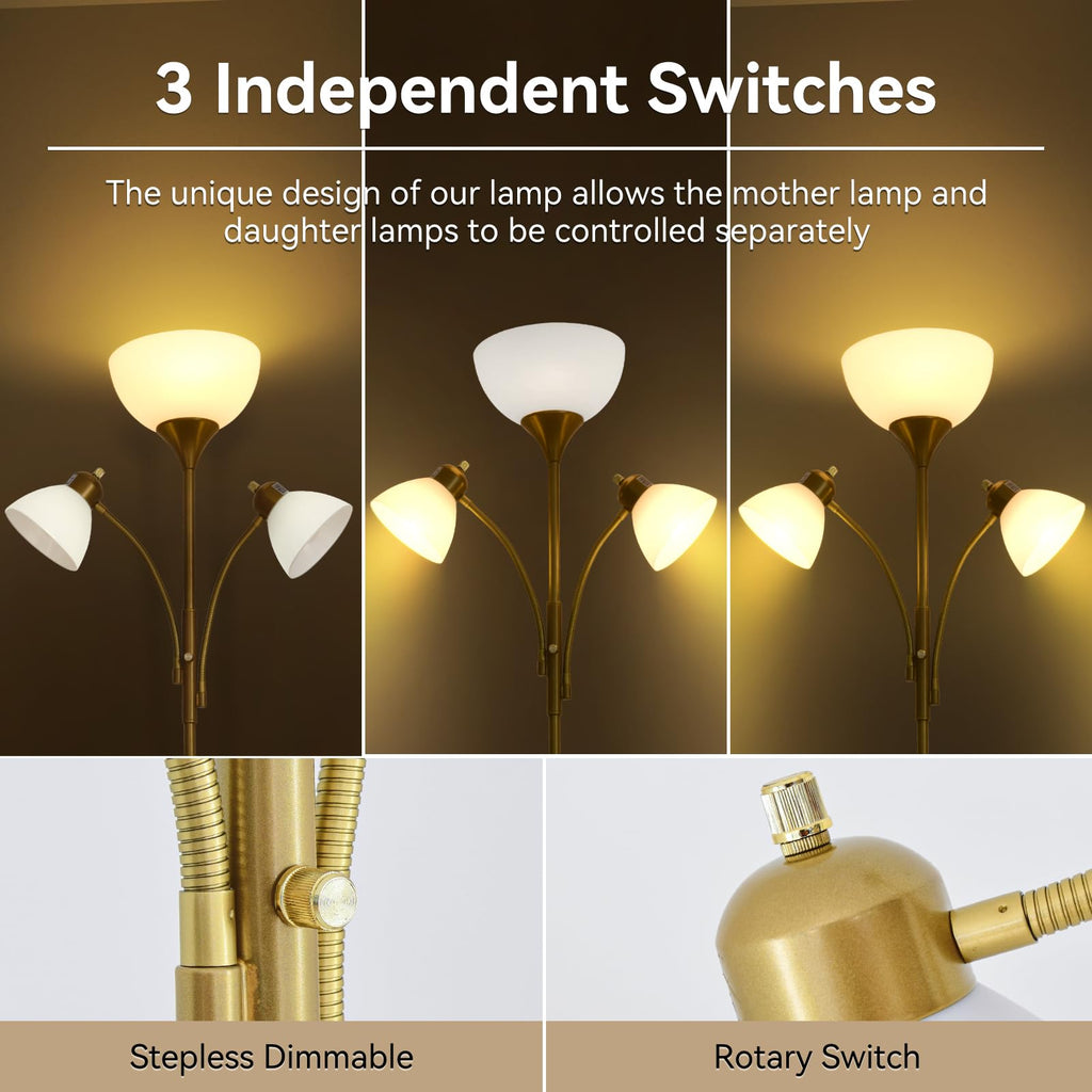 Floor Lamps, Standing Lamp with Stepless Dimming, 3 Lights Adjustable Reading Lights, Morden Tall Lamps, Gold