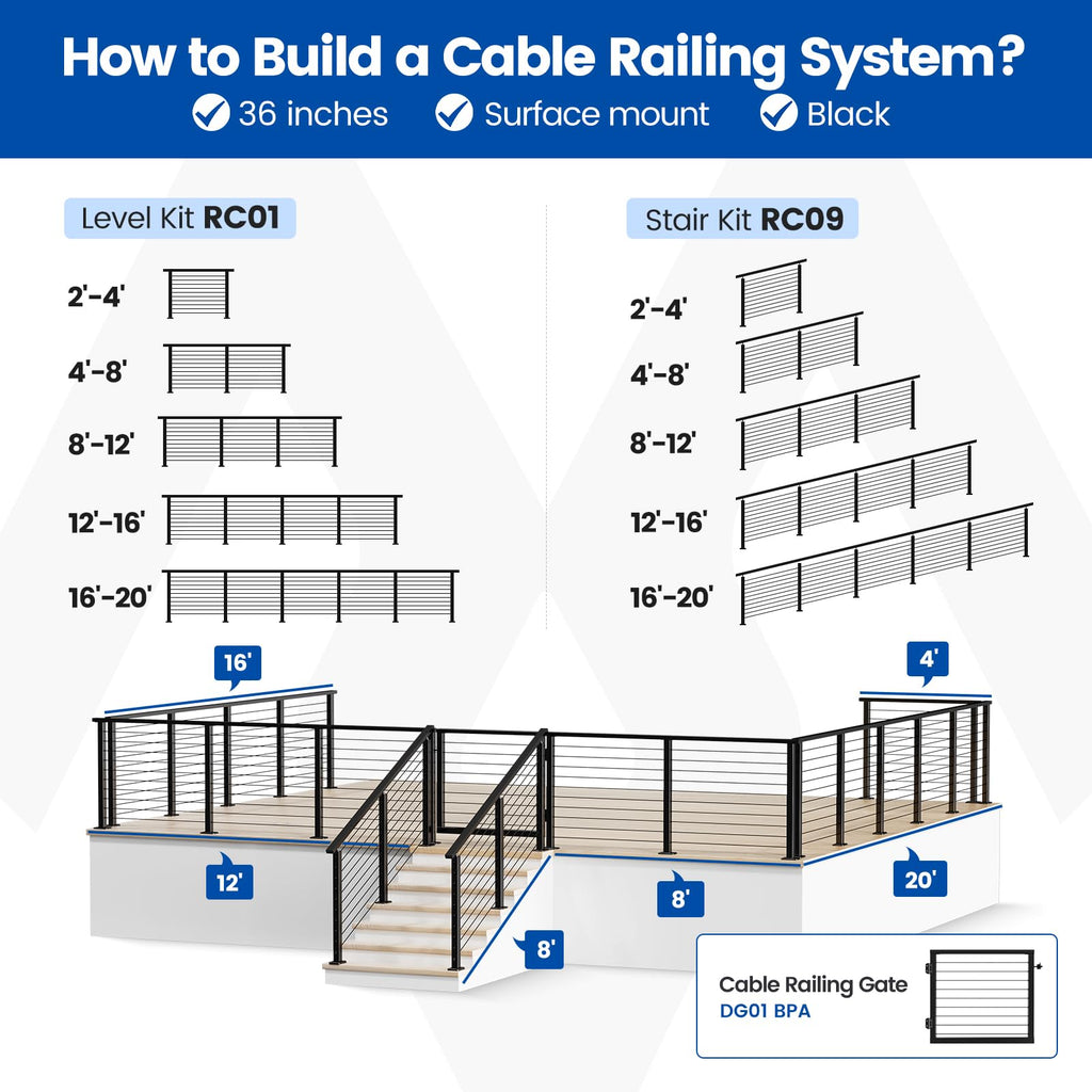 4-8ft Pre-Crimped Complete Cable Railing Kit for Stairs 36in RC09