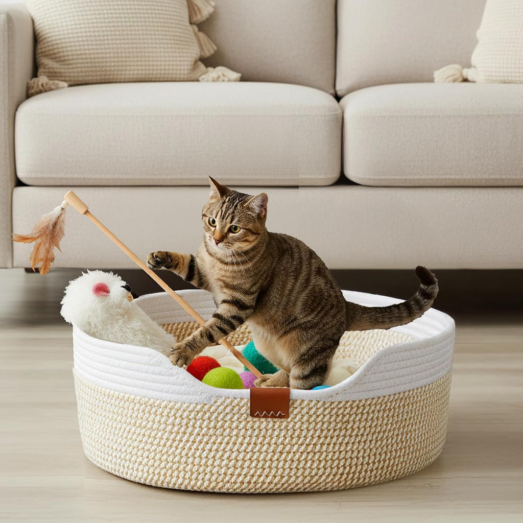 Cat Basket with Cushion, 20 Inch Cotton Rope Pet Sleeping Bed