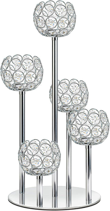 5-Arm Crystal Tealight Candelabra Centerpiece, 14.8 Inch Metal Candle Holder for Table Decor, Wedding, Christmas