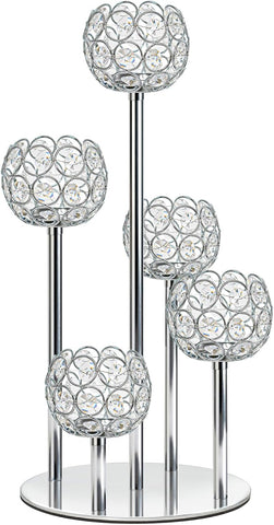 5-Arm Crystal Tealight Candelabra Centerpiece, 14.8 Inch Metal Candle Holder for Table Decor, Wedding, Christmas