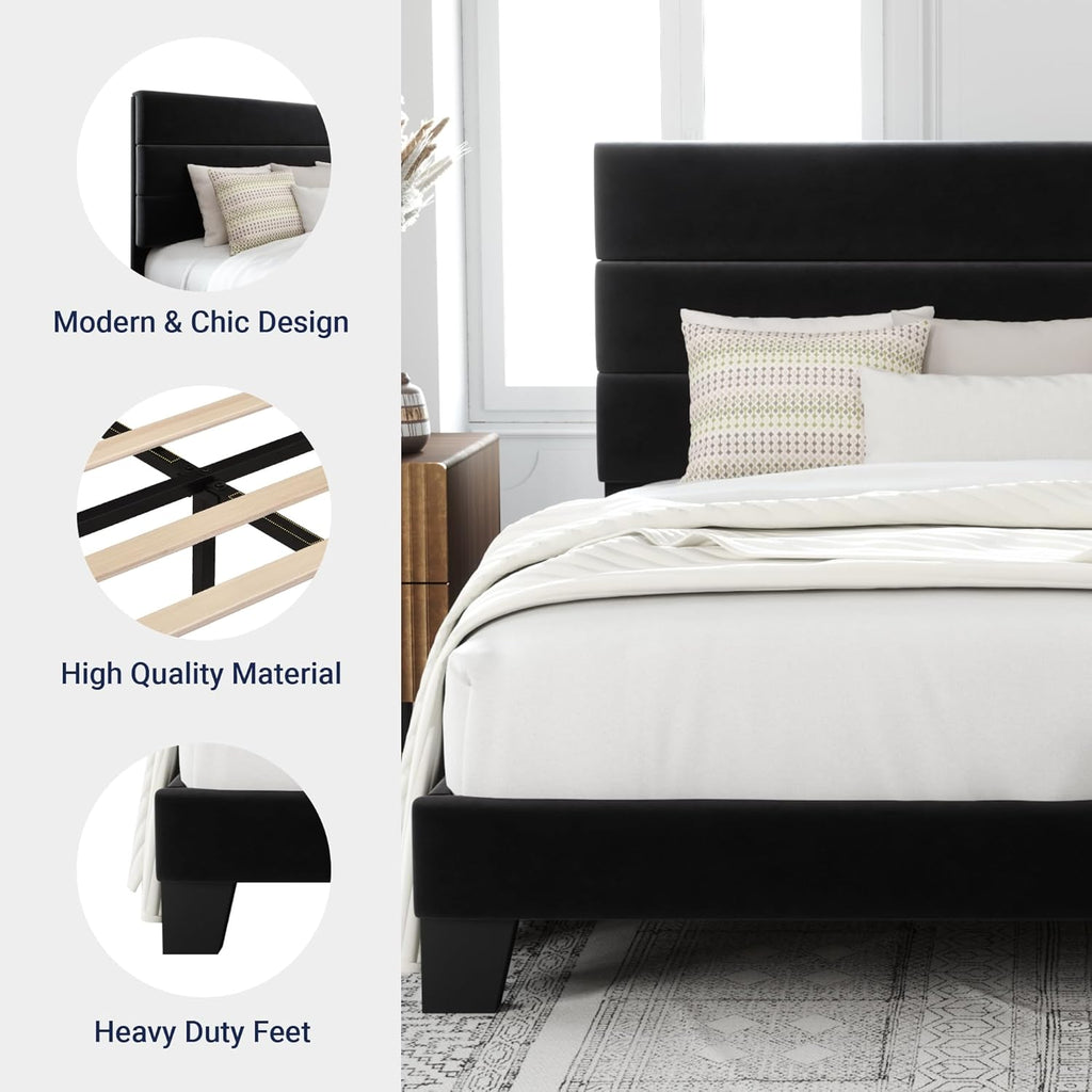 Queen Platform Bed Frame with Velvet Upholstered Headboard and Wooden Slats Support