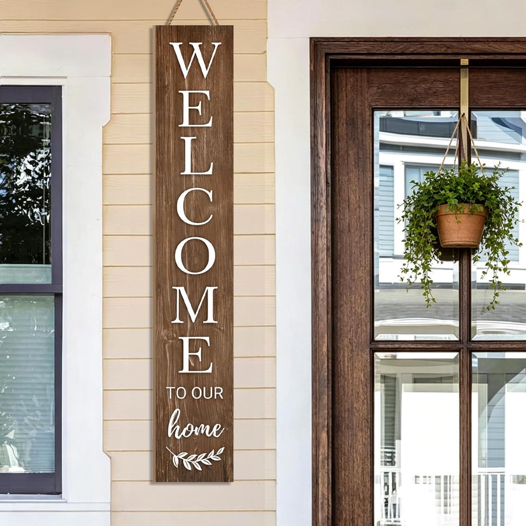 Fall Welcome Sign for Front Door, 47'' Brown Wooden Porch Sign Large Warm Greeting Door Sign Farmhouse Vertical Porch
