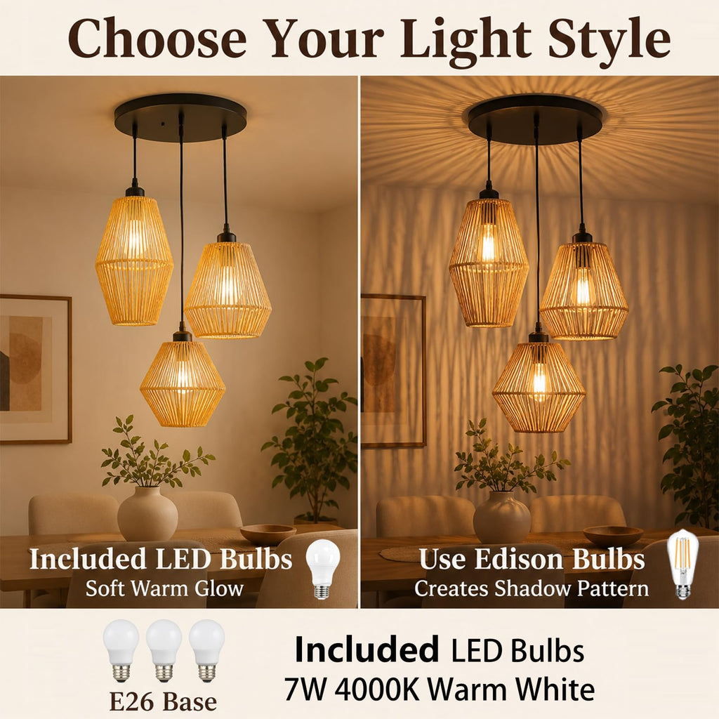3-Light Rattan Pendant Light, Hand Woven Boho Chandelier, Wicker Pendant Light Fixture, Kitchen Dining Room Chandelier