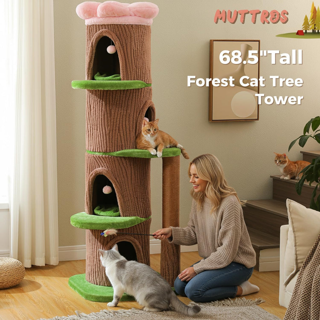68.5" Forest Cat Tree Tower with 4 Condos & Flower Top Bed, Brown