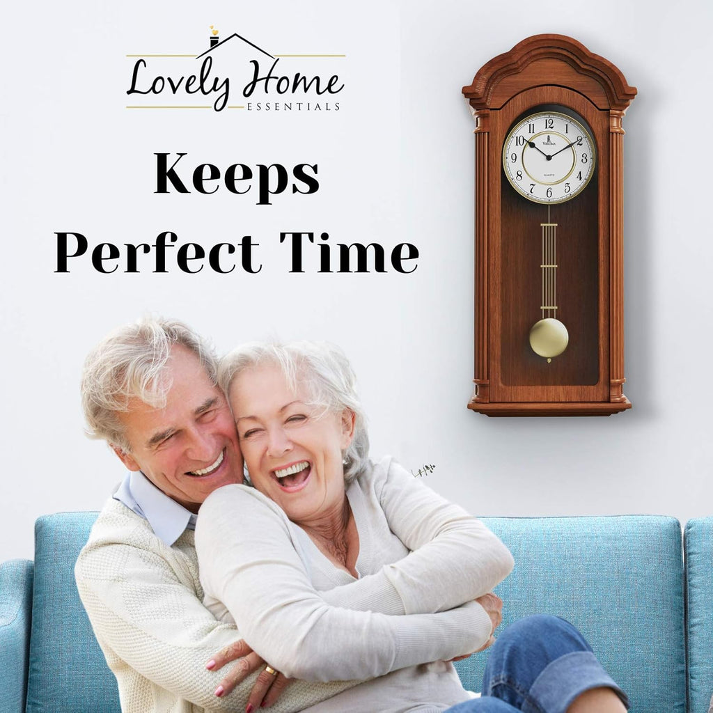 Grandfather Wall Clock with Pendulum — Large Hanging Wooden Battery Operated Non-Chiming Clock 26 x 12 inch - Quiet, Solid Wood Clock...