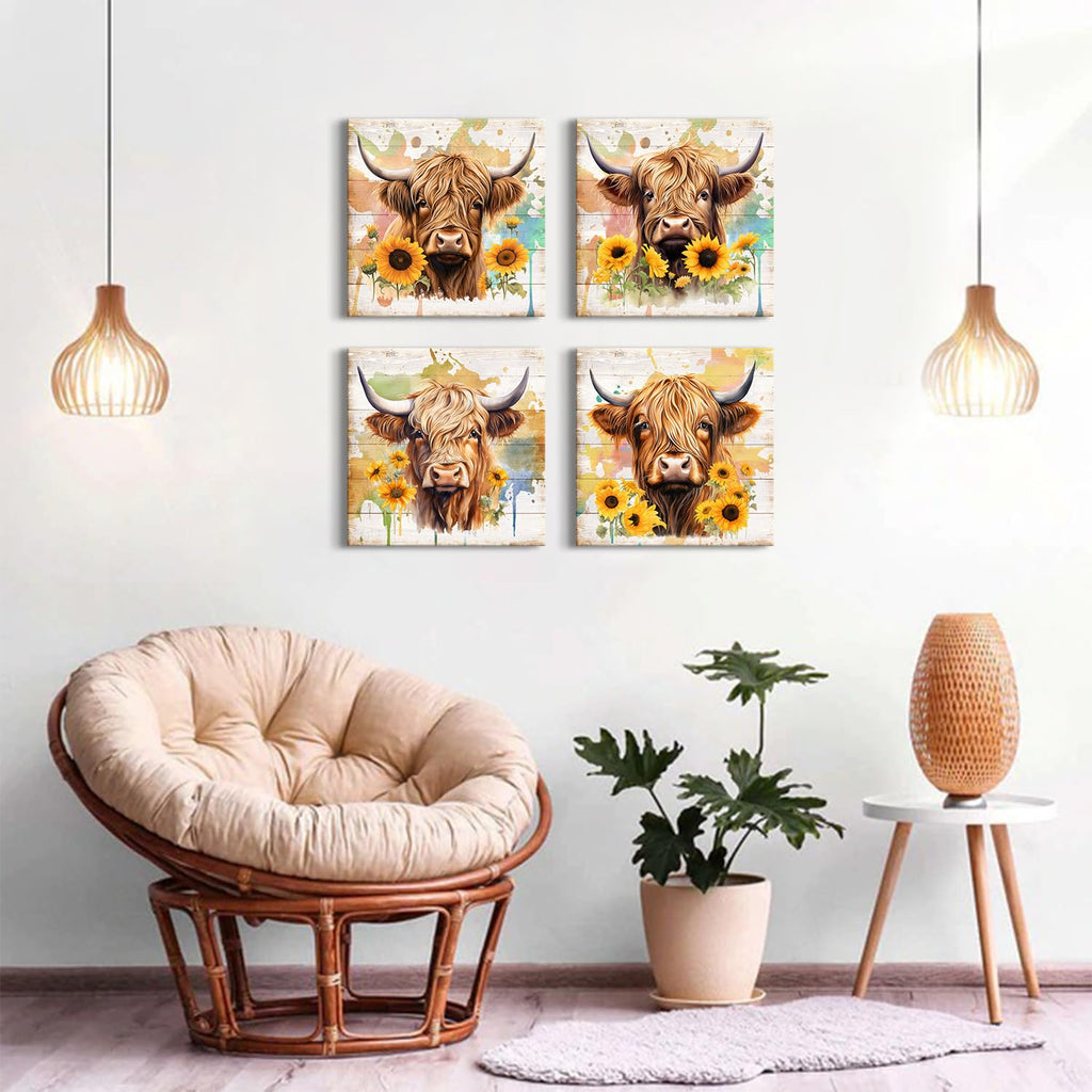 Farmhouse Highland Cow Canvas Wall Art Bathroom Decor Rustic Sunflower Pictures Dining Room Home Decorations