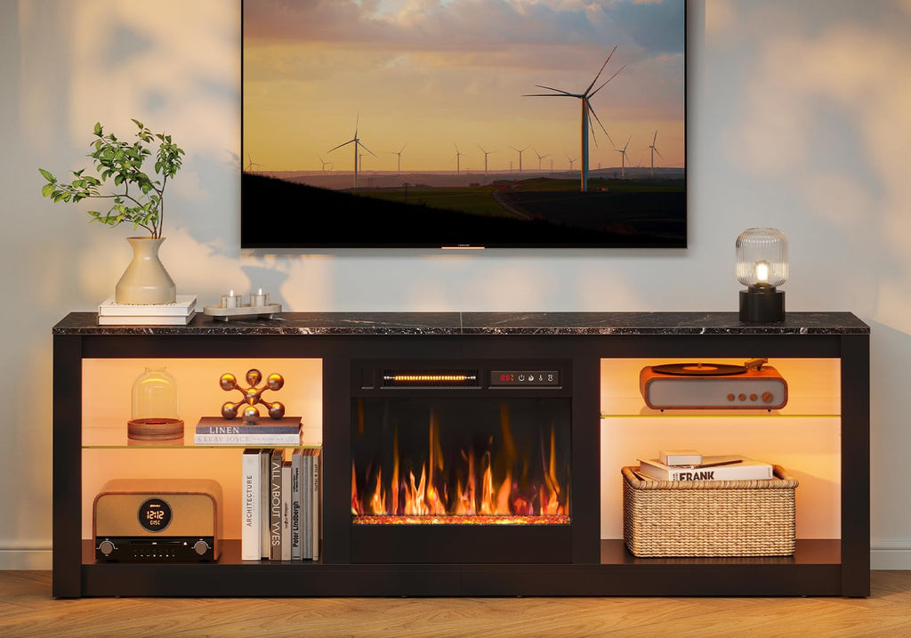 63 Inch Modern Fireplace TV Stand for TVs up to 70", LED Entertainment Center with 18" Electric Fireplace Media