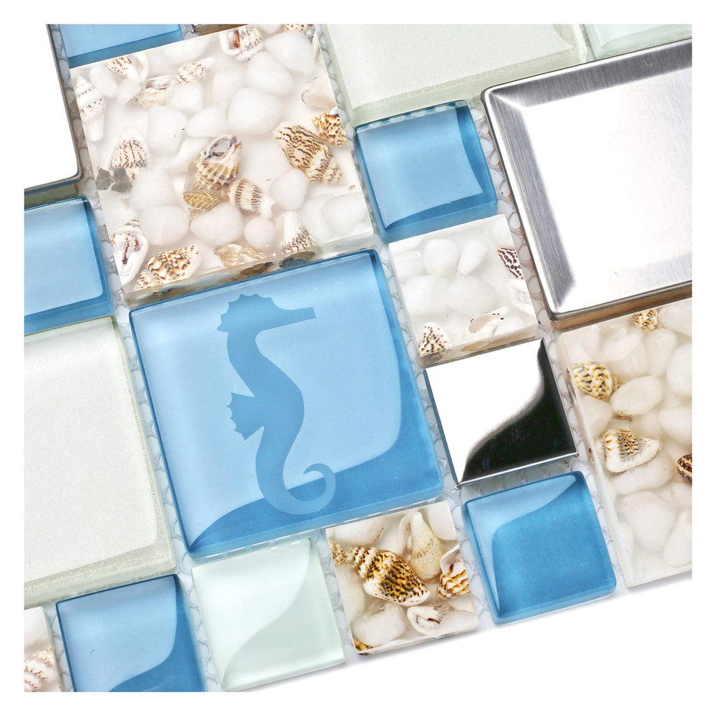 Blue Sea Glass Tile Backsplash Beach Style Mosaic Tiles Real Seashell Inside (Pack of 5 Sheets)
