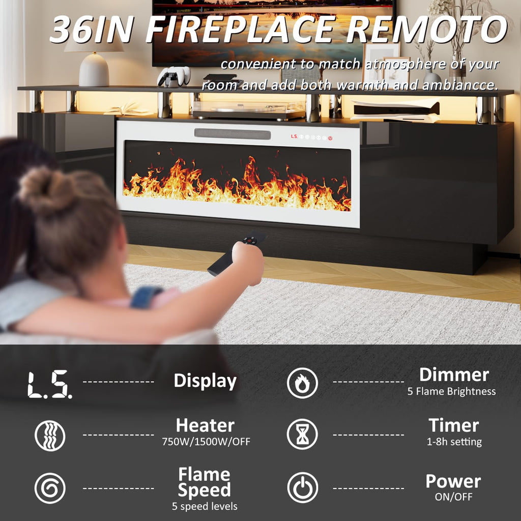 70 Inches for TVs up to 80 Inches TVs with 36'' White Electric Fireplace & Remote, Modern Entertainment Center with
