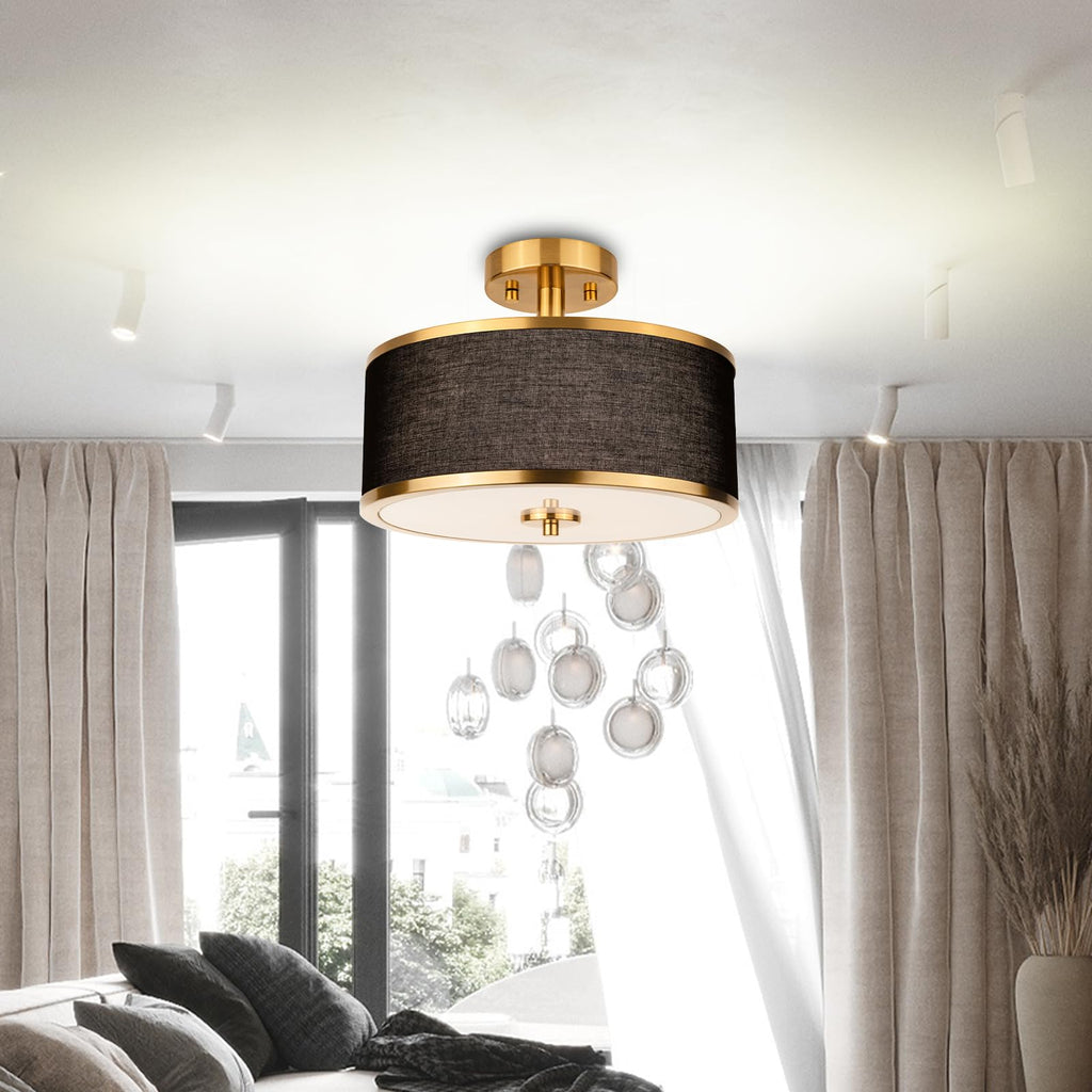 3-Light Semi Flush Mount Ceiling Light Fixture, 12.6" Gold Drum Light with Black Fabric Shade, Modern Close to