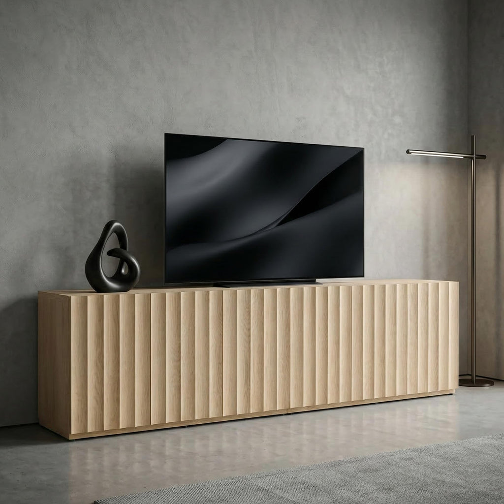 46.96" TV Stand, Fluted Mid-Century Modern 3 Doors, Light Oak