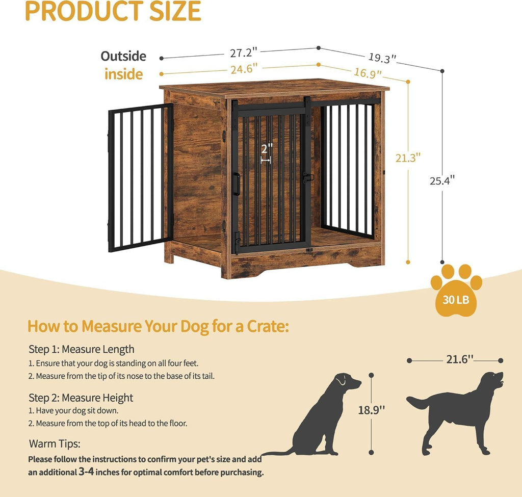 27.2" Dog Crate Furniture with Barn Door, Heavy Duty Dog Kennel Indoor with 2 Doors